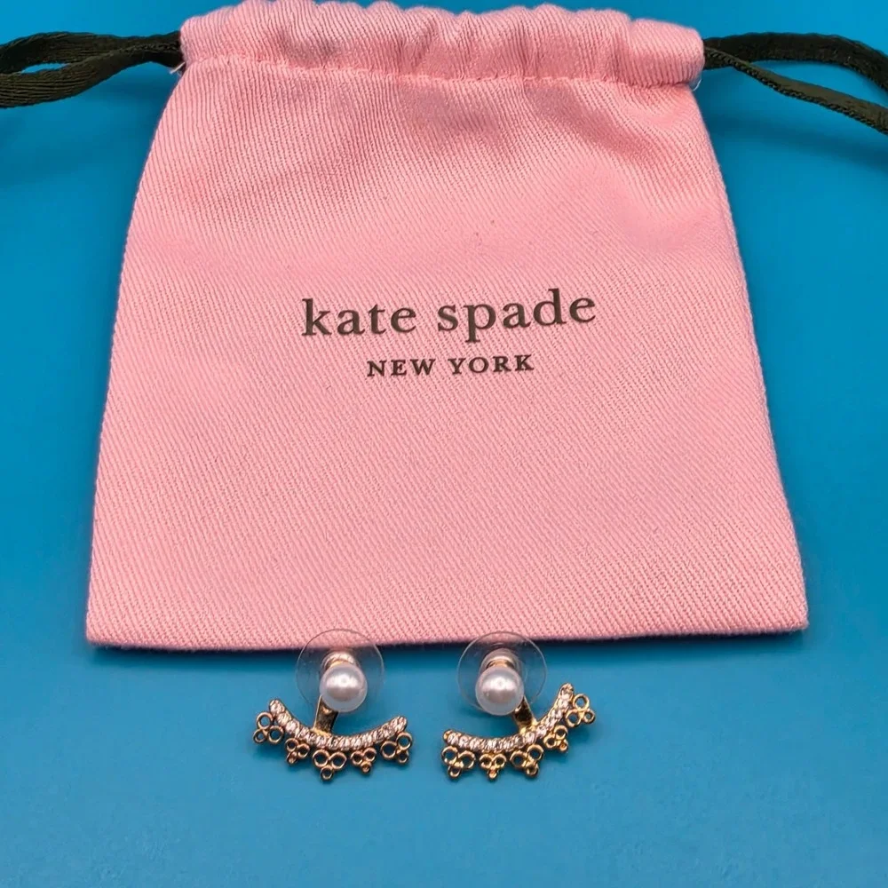 Kate Spade Faux Pearl Crystal Pave Ear Jacket Earrings Gold Tone